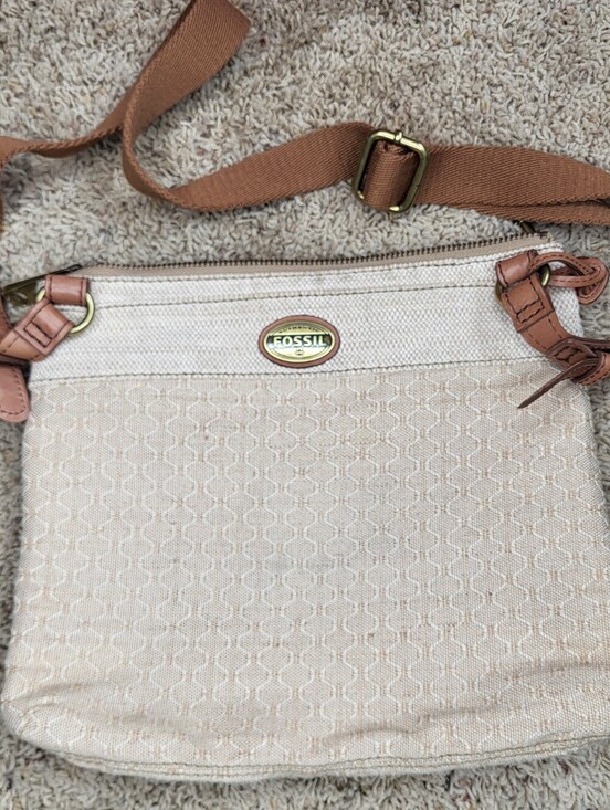 Fossil Handbags - Fossil Vintage Cream Canvas Crossbody with Tan Leather Trim